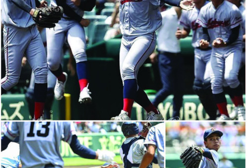 고시엔 첫 결승 진출 기뻐하는 교토국제고. 일본 내 한국계 민족학교인 교토국제고 야구 선수들이 21일 일본 효고현 니시노미야 한신 고시엔구장에서 열린 전국 고교야구선수권대회(여름 고시엔) 준결승전에서 승리를 확정한 뒤 기뻐하고 있다. 교토국제고는 이날 아오모리야마다고교와 경기에서 3-2로 이겨 처음으로 여름 고시엔 결승에 진출했다. 
