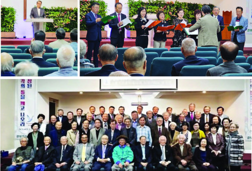 회장 이원석목사가 원로 목사들께 환영인사를 하고 있다(위 왼쪽사진), OC목사회 회원들과 사모님들로 구성된 OC목사모중창단(지휘 강문수목사)가 특별 찬양을 드리고 있다.(위 오른쪽 사진), OC지역 원로목사를 위로하기 위한 목회자 초청 위로회가 지난 5월20일, OC목사회(회장 이원석목사)주최로 스탠튼소재 갈보리선교교회(심상은목사 시무)에서 열렸다. 앞줄 가운데가 102세 정필흠목사(로뎀교회 은퇴목사) 맨 뒷줄 가운데가 회장 이원석목사