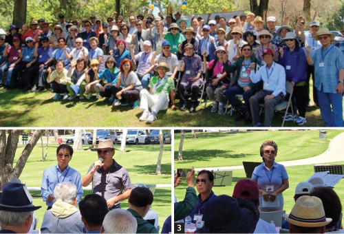 1. OC충청향우회에 참석한 충청인과 관계자들이 기념촬영을 하고 있다., 2. 김영수 이사장(컬러컴 대표, 은혜한인교회 장로, 왼쪽 푸른 셔츠)이 OC충청향우회와 임원진을 소개하고 있다, 3. 민김 회장이 참석자들을 향해 감사와 환영의 인사말을 전하고 있다.