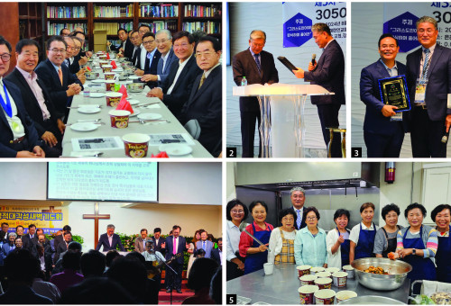 1. OC장로협의회 회원들이 3050차세대 21인목회자초청 새벽기도회를 마치고 함께조찬을 나누고 있다. 장로협의회는 지난 3년 연속 21일간에 걸친 새벽 기도회 대표기도순서를 맡아 섬겨왔다.. 2, 3 OC교협은 이번 세미나 강사로 나선 김영길목사 권혁빈목사 남대니목사 한기헝목사 총 4인에게 참석자들을 대신해 감사패를 전달했다. 사진은 감사패 잔달 후 한기홍목사와 기념 사진을 찍고 있는 심상은목사. 4. 새벽기도회 마지막 날, 심상은목사가 장로협의회회원 및 21인 강사와 준비위원들을 세우고 수고에 감사하며 참석자들과 함께 기도하고 있다. 5. 21일간의 대장정기간 동안 100여명 이상의 참석자들에게 매일 아침마다 다양한 조찬을 마련해온 갈보리선교교회 주방사역자들이 마지막 날 식사서빙을 완료하고 함께 기념촬영을 하고있다.
