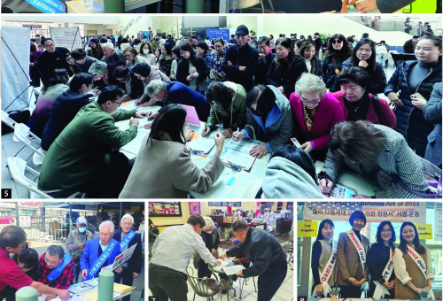 ❶❻❼ 남가주교회협의회(회장 최영봉목사, 수석부회장 샘신 목사 등)와 미주성시화 송정명 목사, 크리스천헤럴드 대표 이성우목사 등이 한인타운 김스전기 앞과 쇼핑센터들을 돌면서 주민발의안 서명운동을 펼치고 있다. ❷이번 서명 운동은 1세대 뿐 아니라 1.5세대 2세들로 부터도 적극적인 호응을 받고 있다. 남가주사랑의 교회 EM미니스트리 역시 발 벗고 나서 하루동안 885명의 서명을 확보했다. ❸“하마트면 내 딸을 잃어버릴뻔했어요”라며 지난 2월17일 단체장조찬기도회에서 자녀지키기 주민발의안 신청의 배경을 설명하고 있는 공동발의자 에린 프라이데이 변호사와 통역을 맡은 김황신목사, ❹서명운동 관련 상황설명과 비전캐스팅을 나눈 강순영목사와 유수연ABC교육위원, 진행을 맡은 박세헌목사(photo by People’n Society), ❺LA와 오렌지카운티에서 확산되고 있는 자녀지키기 서명운동(제공 은혜한인교회). 교회측은 주일예배 후 진행해서 하루동안 1,000명의 유권자 서명을 받았다고 전했다. 교회측은 마감일인 4월13일까지 1만명의 서명을 목표로 하고 있다고 밝혔다. ❽이번 서명운동은 풀뿌리 운동처럼 교회와 기관들에서 적극 협조하고 있다. 사진은 남가주사랑의교회 로비에서 서명운동을 받고 있는 교인들, ❾서명운동에 적극 나서고 있는 유수연 ABC교육위원들과 학부모들, ❿서명운동에 적극 동참을 요청하는 서명운동본부의 박세헌목사와 TVNEXT.org남가주 담당 윤우경 발행인, 양경선 목사(Photo by People'n Society), 11. 토렌스 주님세운교회(박성규 목사)성도들과 미주성시화운동본부 관계자가 지역 마켓앞에서 서명을 받고 있다.