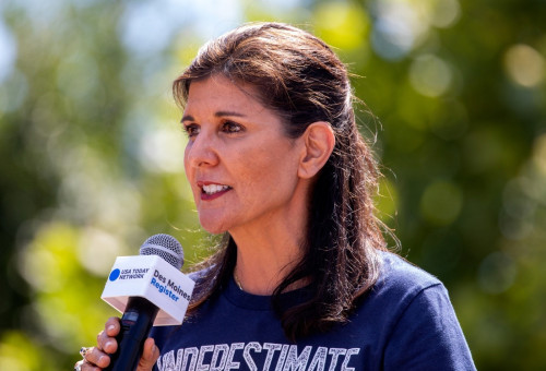 지난 8월12일, 아이오와 주 박람회에서 발언하고 있는 전 유엔대사 공화당 대통령 후보 Nikki Haley 